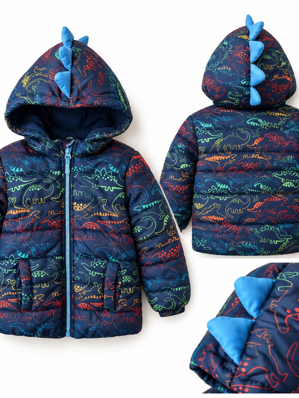 Toddler Boys 18M Dinosaur Hooded Puffer Jacket Navy Blue
